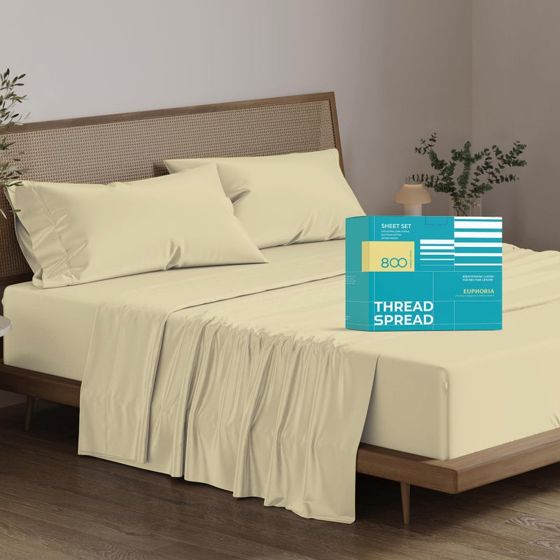 THREAD SPREAD 100% Egyptian Cotton Sheets Full Size - 800 Thread Count 4 PC Deep Pocket Full Size Sheets Set, Silky Soft Cooling Sateen Weave Luxury Hotel Sheets, Fits Mattress Upto 18" - Sand - Image 1